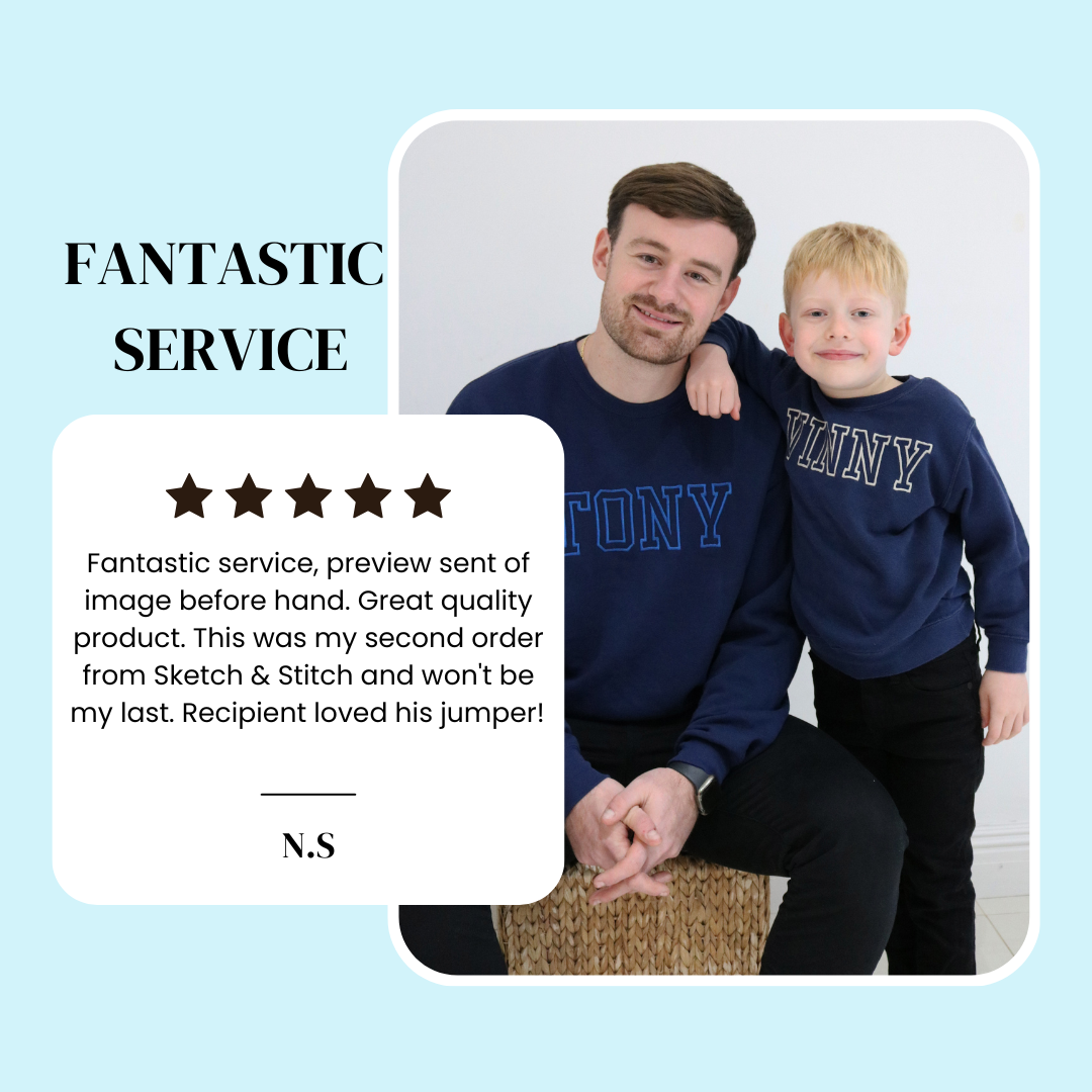 Fantastic service, preview sent of image before hand. Great quality product. This was my second order from Sketch & Stitch and won't be my last. Recipient loved his jumper!