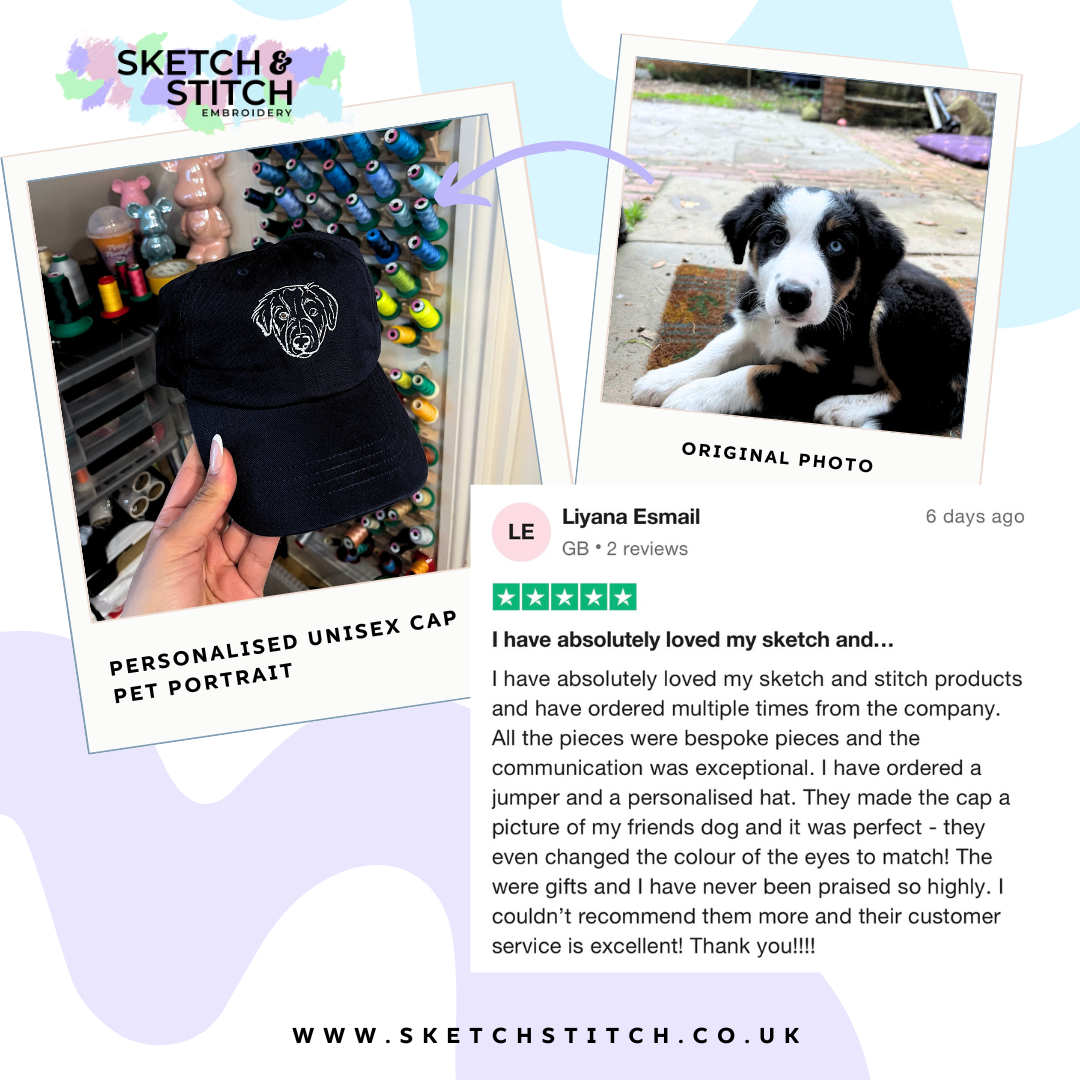 Review from customer from their made to order custom cap order with their photo of a dog