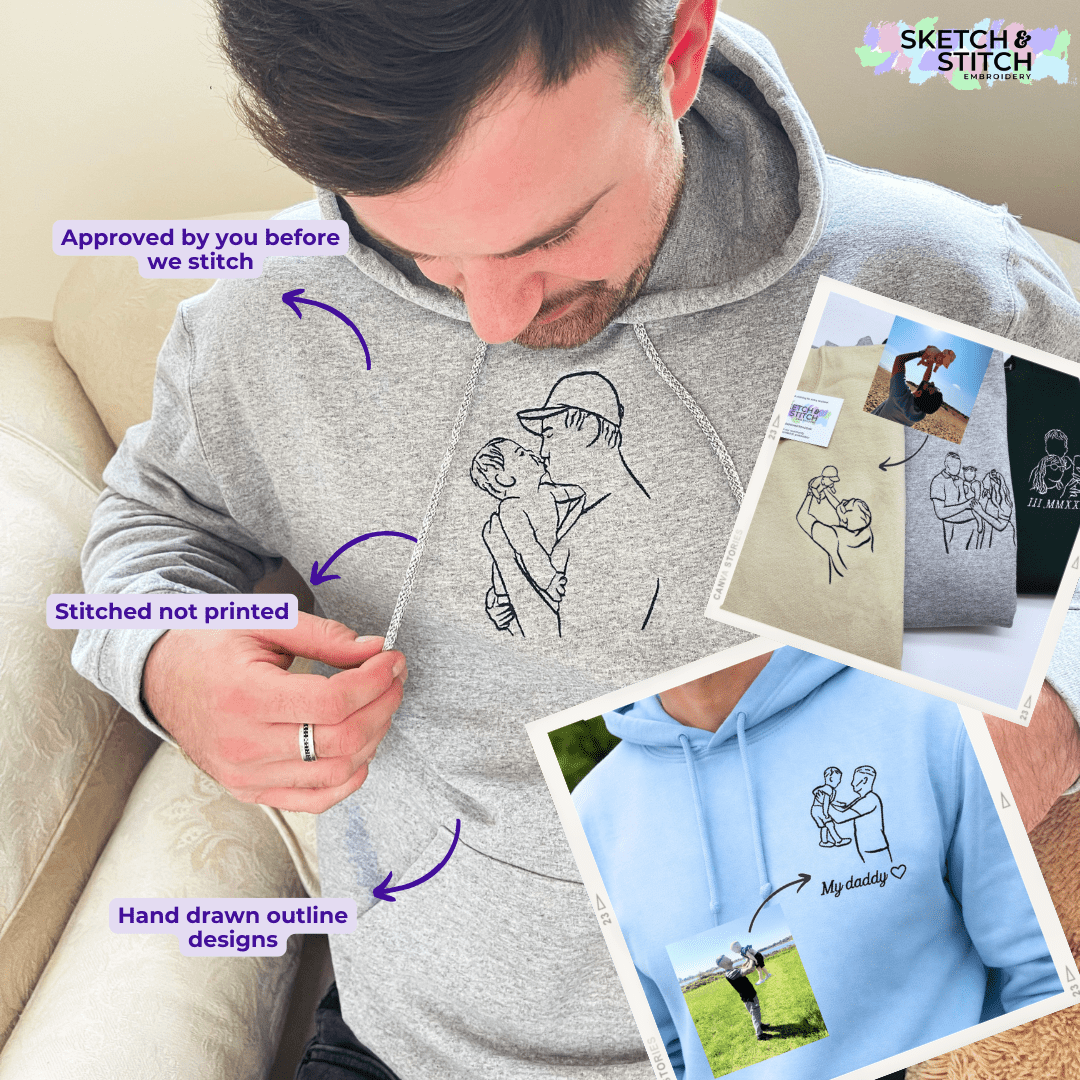 Father's Day men's hoodie personalised portrait outline - left chest - Sketch & Stitch