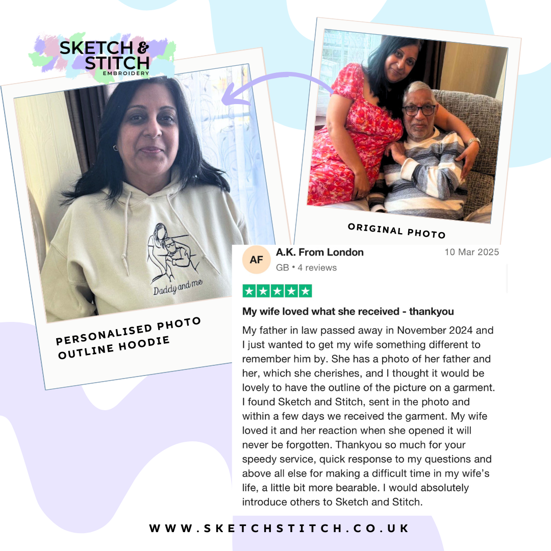 Review from customer with a before and after photo showing Sketch & Stitch embroidered photo hoodie.