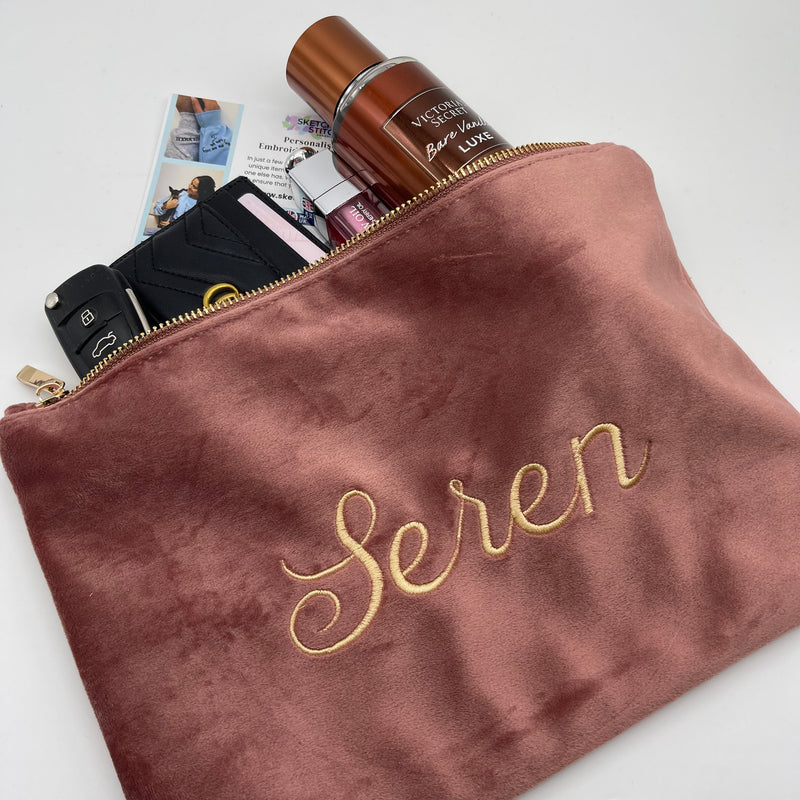 Luxury velvet accessory pouch personalised text Sketch Stitch