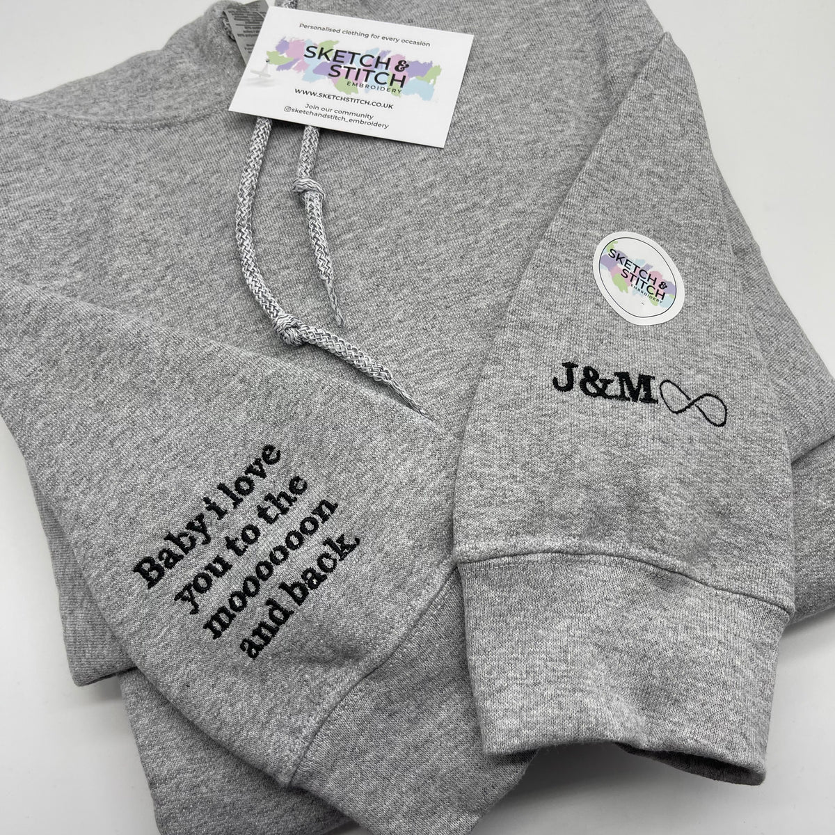 Adult hoodie personalised sleeve text Sketch Stitch