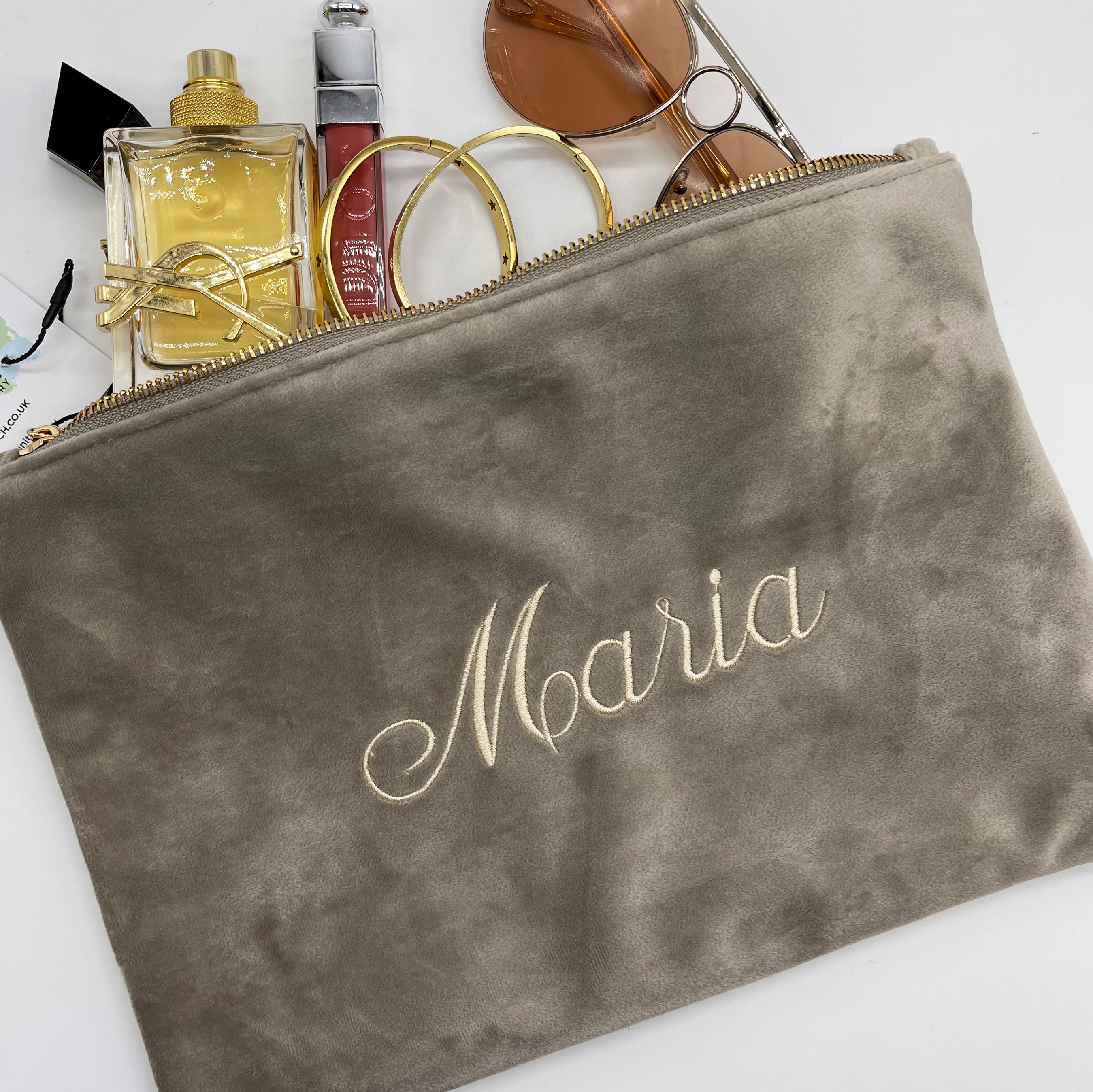 Luxury velvet accessory pouch personalised text Sketch Stitch