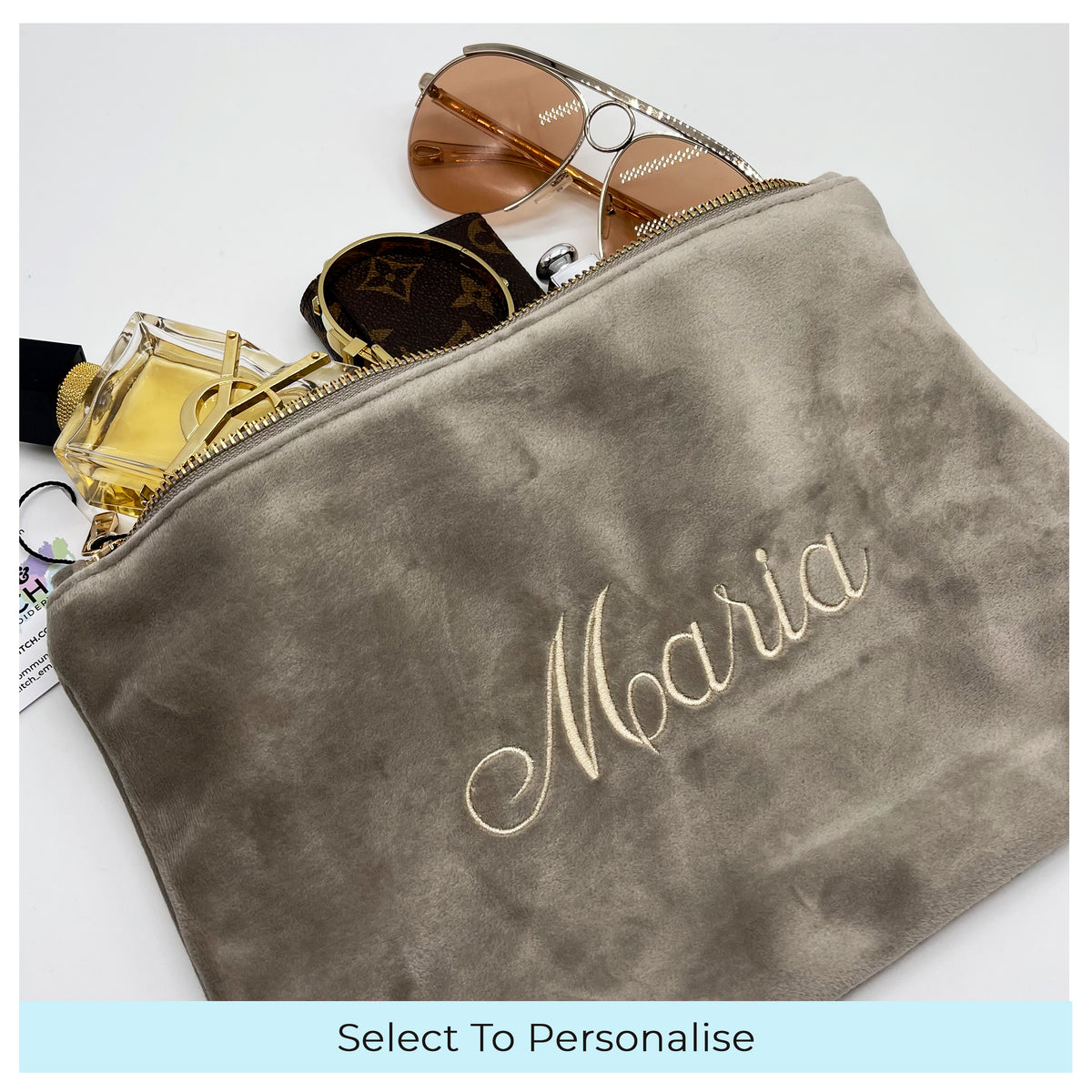 Luxury velvet accessory pouch personalised text