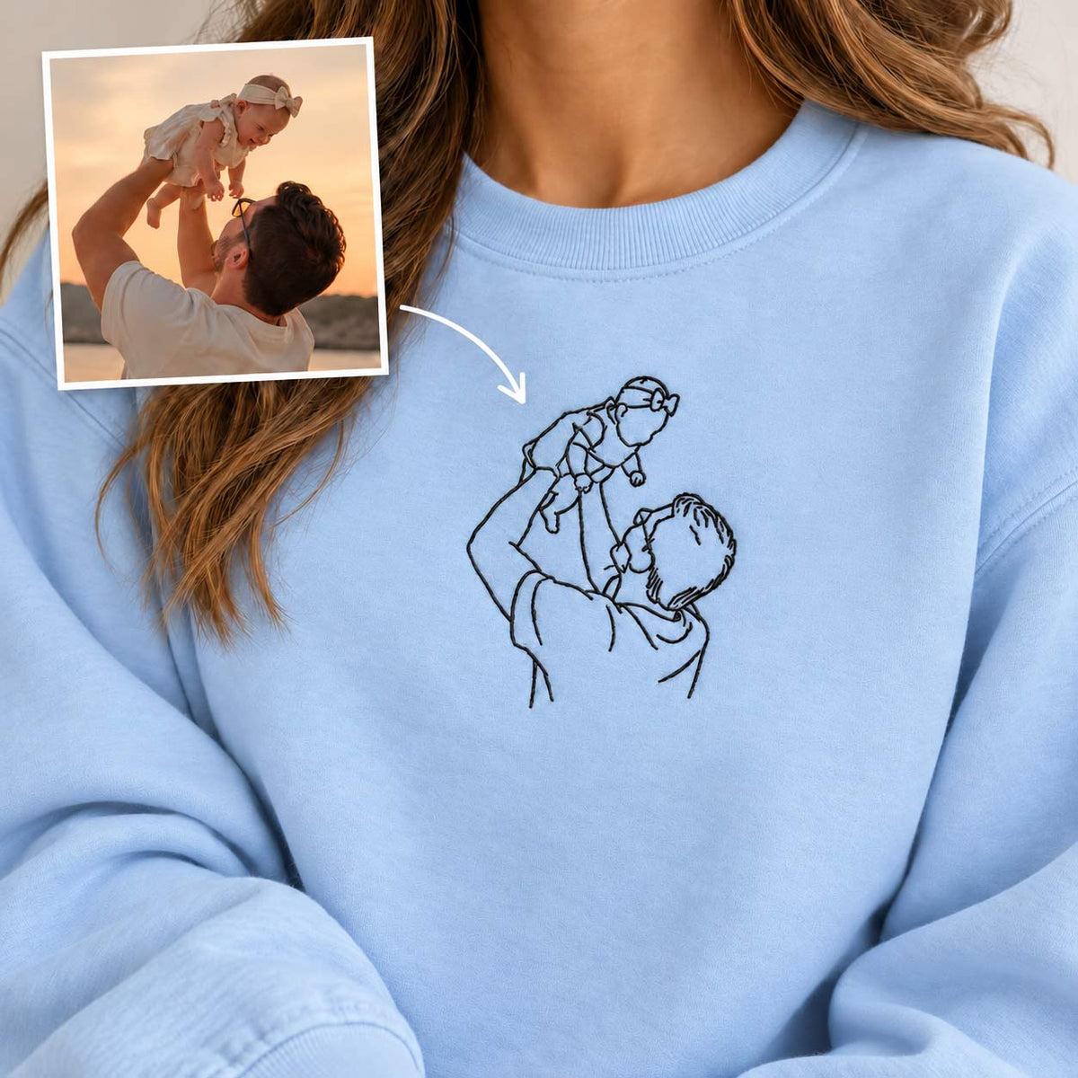 A close-up of a person wearing a light blue crewneck sweatshirt with a black line art graphic of a father lifting a child. An inset photo in the top-left corner shows the original reference photo used for the custom graphic, with an arrow pointing to the printed design.