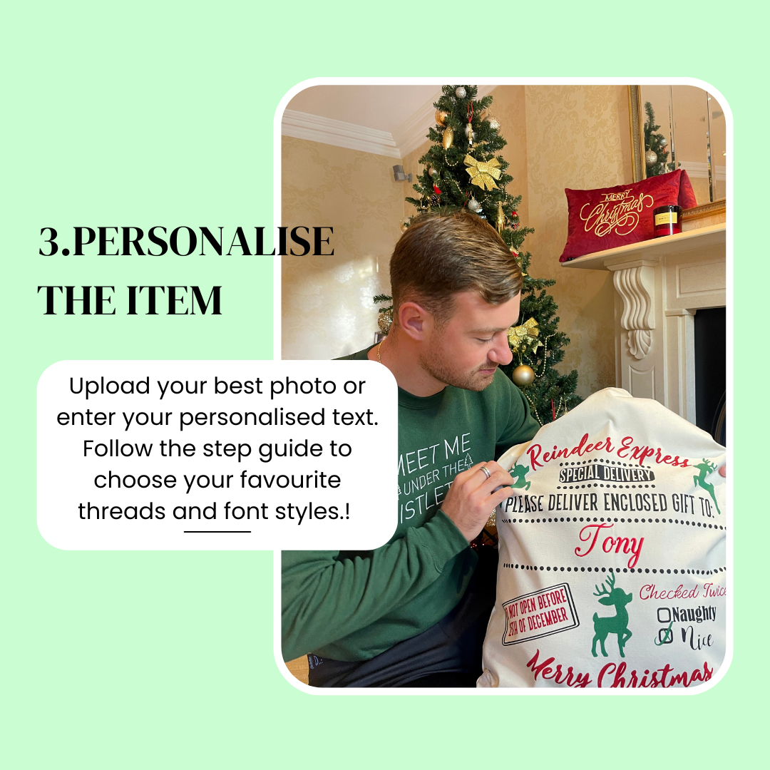 Upload your best photo or enter your personalised text. Follow the step guide to choose your favourite threads and font styles.!