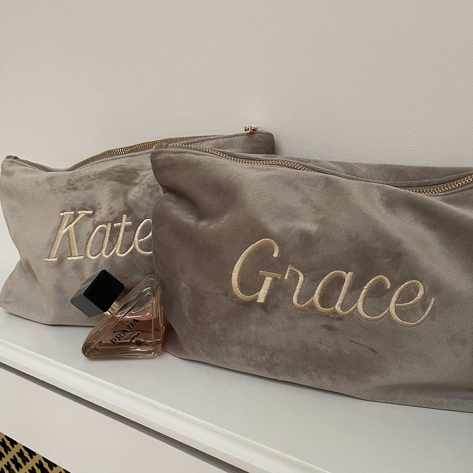 Luxury velvet accessory pouch personalised text - Sketch & Stitch