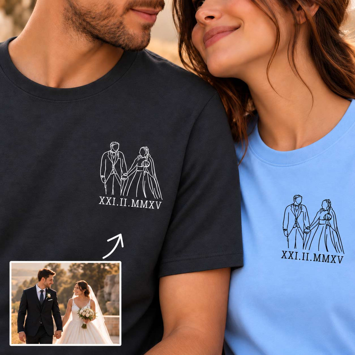 Two people wearing matching graphic T-shirts with a white line drawing of a bride and groom and the Roman numerals 'XXI. II.