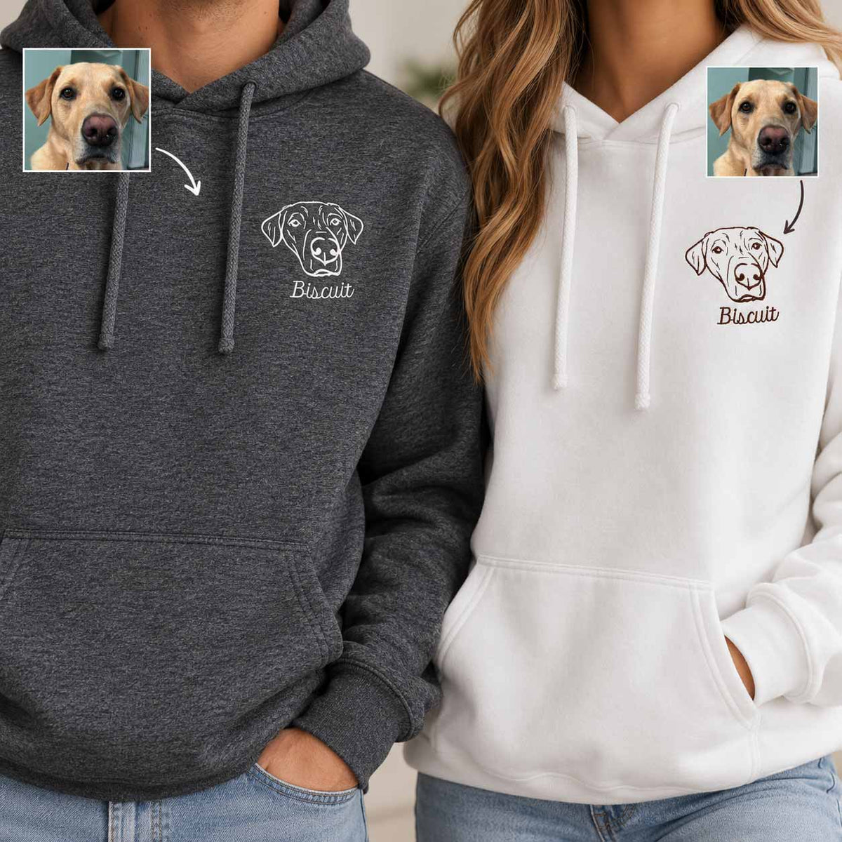 Two people wearing custom pet hoodie prints, one in dark heather gray and one in white, both featuring a printed dog face with the name 'Biscuit' below. Small inset photos of a yellow Labrador dog appear in the top corners with arrows pointing to the custom print areas.
