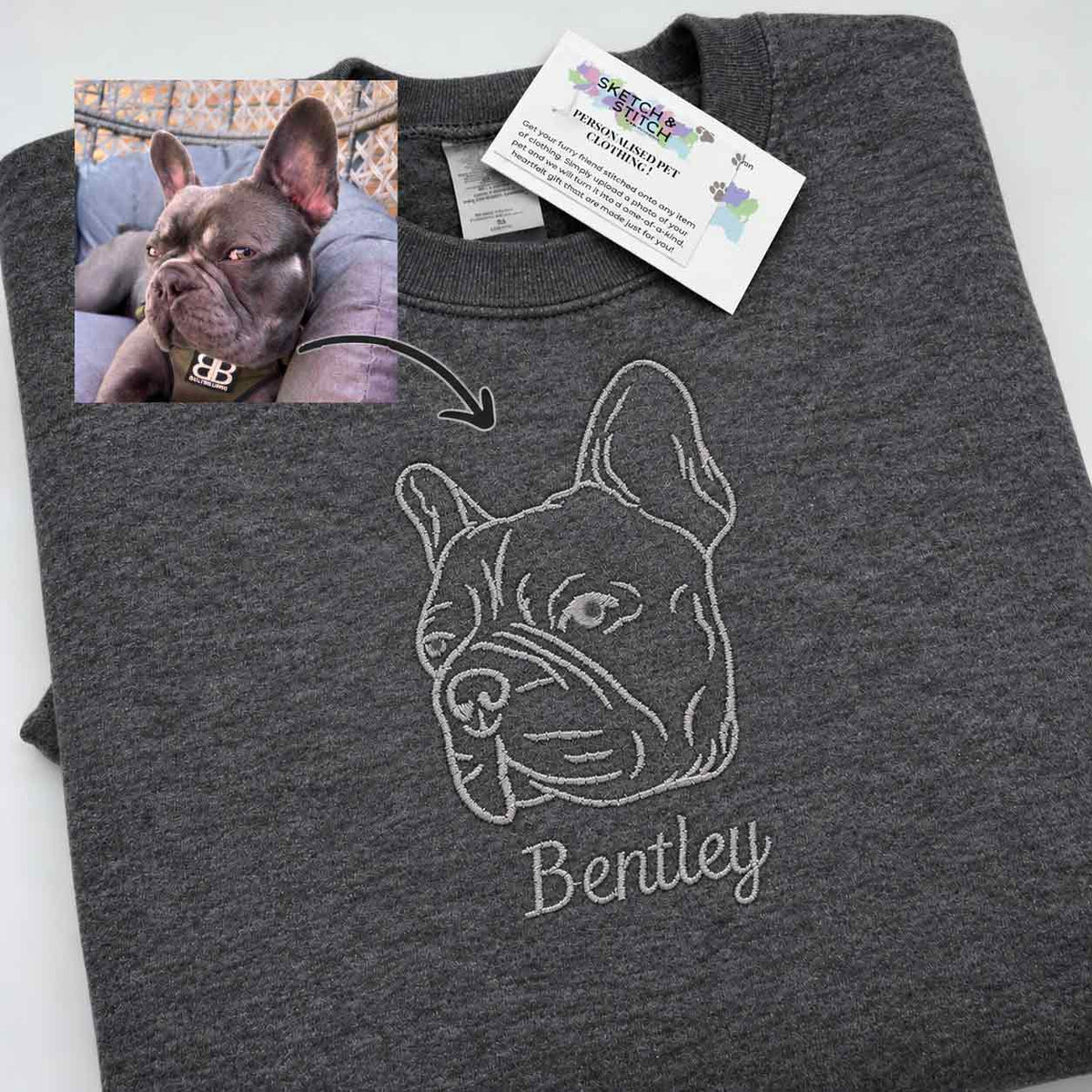 A folded dark heather gray sweatshirt on a white background with a white line-art illustration of a French bulldog and the name 'Bentley' printed below. 
