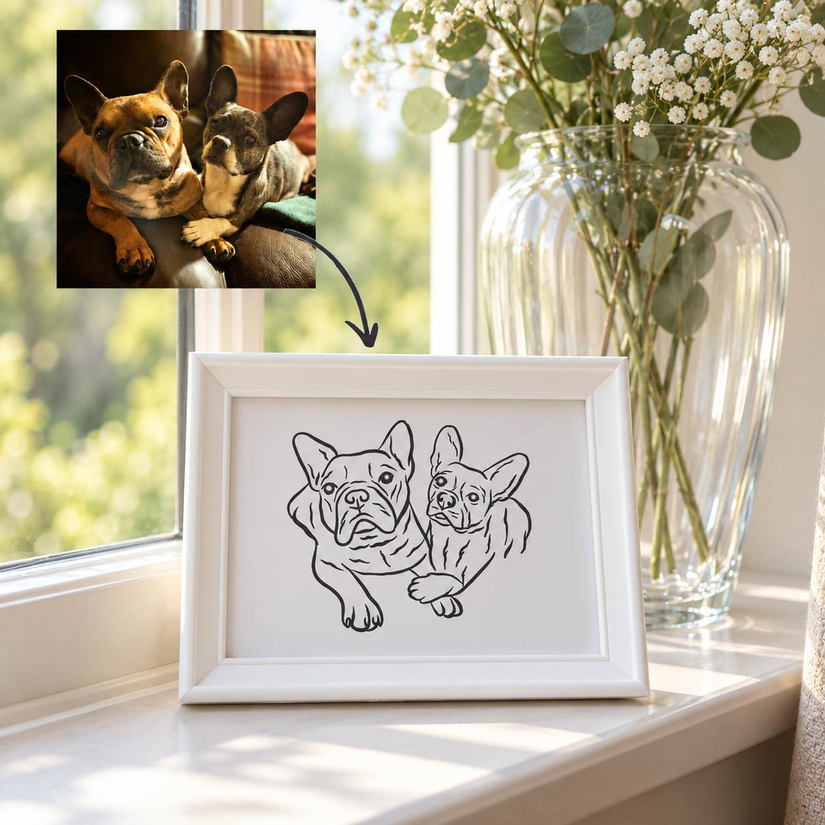 Personalised pet photo outline framed illustration
