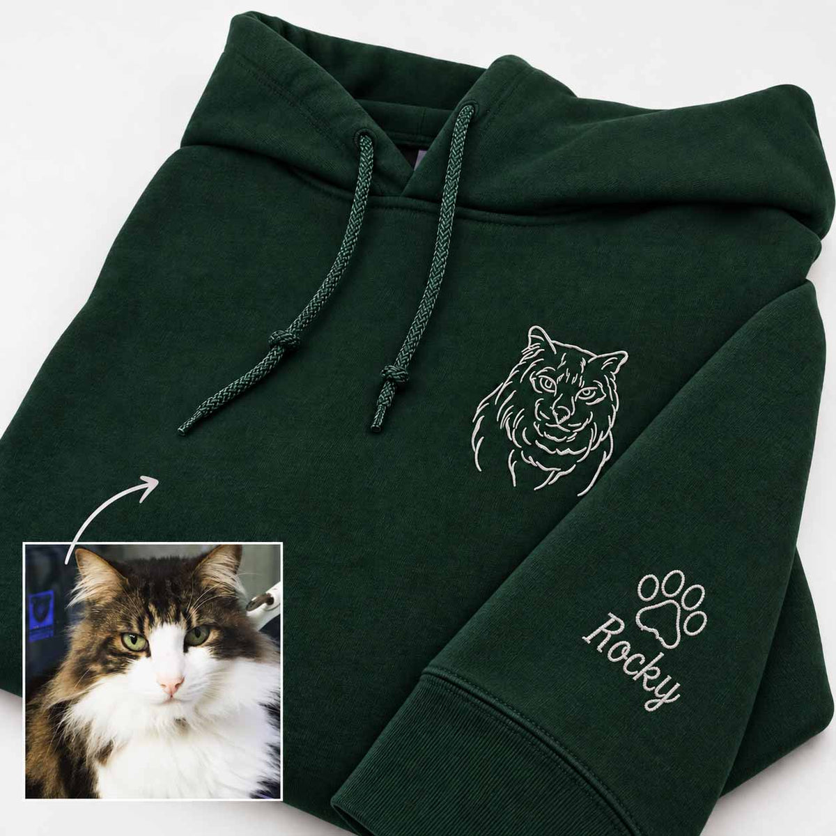 Dark forest green custom pet hoodie with white embroidered wolf outline and paw print with the name 'Rocky' on the sleeve. A small inset photo of a fluffy brown and white cat is shown in the lower-left corner with an arrow pointing to the hoodie's custom design area.
