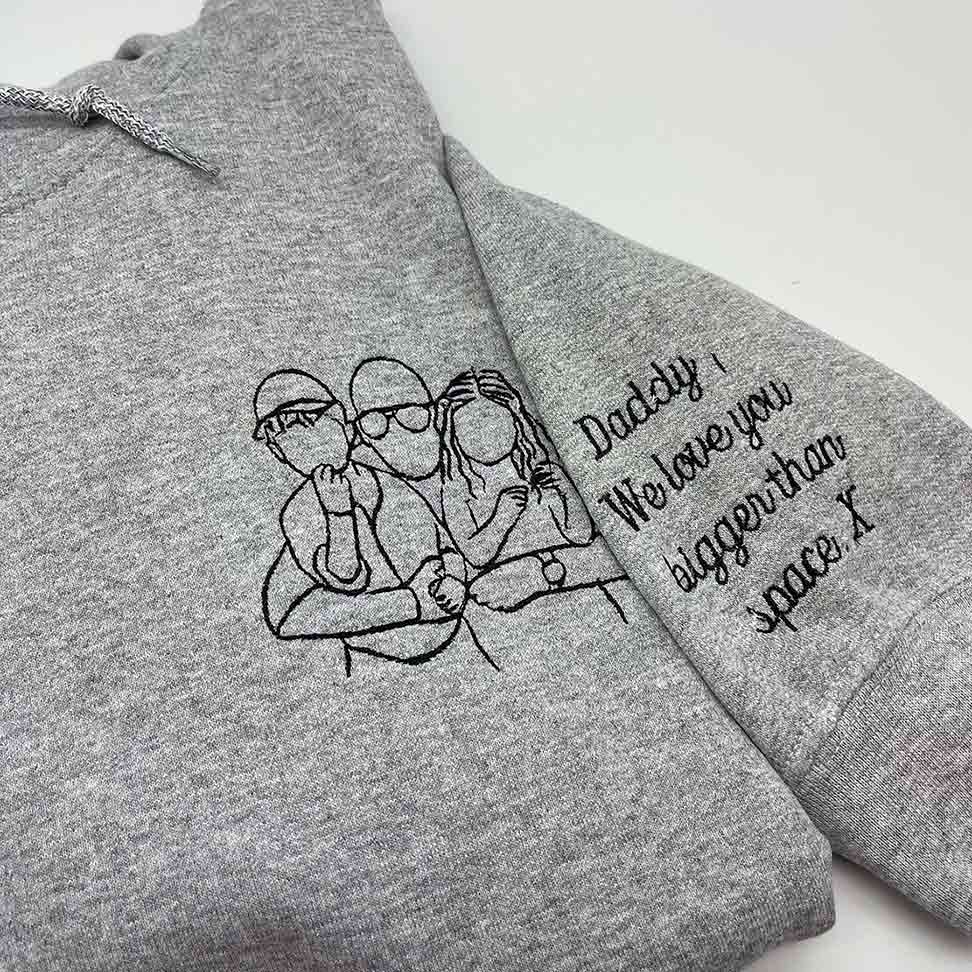 Father's Day men's hoodie personalised portrait outline - left chest - Sketch & Stitch