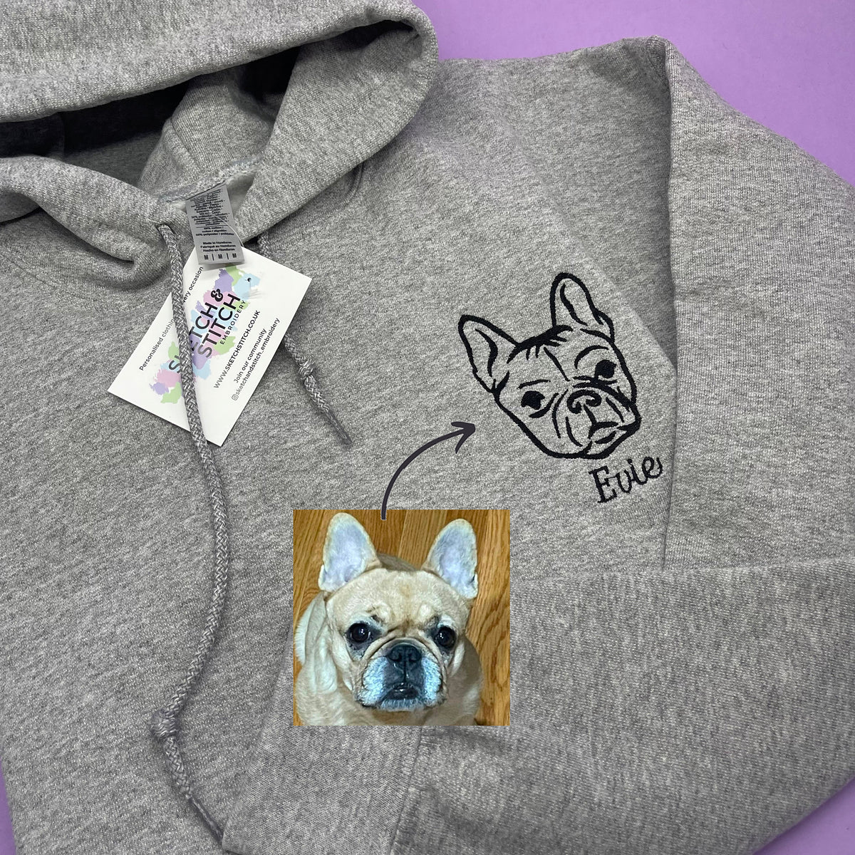 Adult hoodie personalised pet portrait outline - left chest