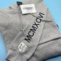Adult hoodie personalised roman numerals - arm - Sketch & Stitch