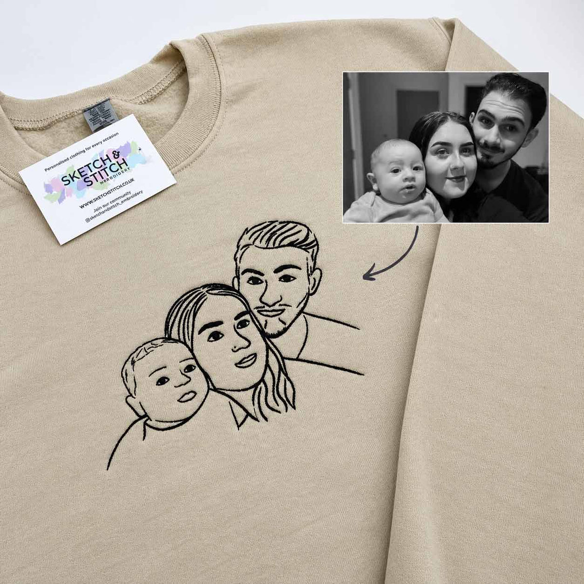 A beige crewneck sweatshirt laid flat on a white background, featuring a black line art family portrait printed on the chest. A brand tag reading 'Sketch & Stitch' is visible at the collar, and a small black-and-white reference photo of a family is shown in the top right corner with an arrow pointing to the print.