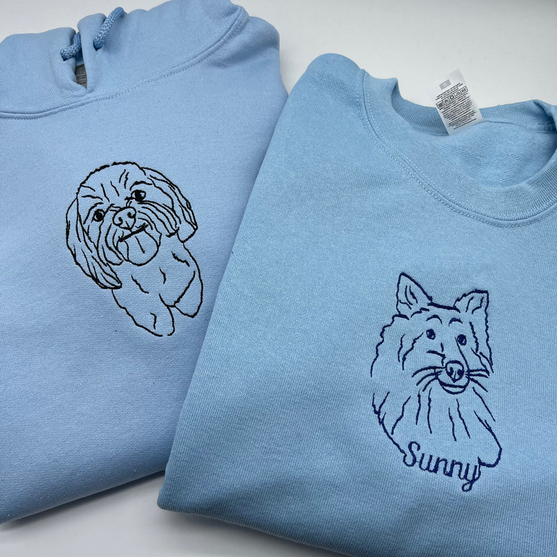Blue Pet Portrait Outline Stitch Hoodie. The best personalised dog gifts for owners, personalised dog hoodies and birthday gifts.
