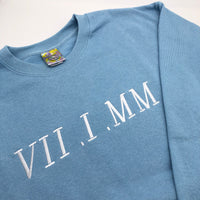 Blue Personalised Roman Numerals Sweatshirt. personalised gifts for couples, • wedding anniversary gifts, personalised gifts for boyfriend