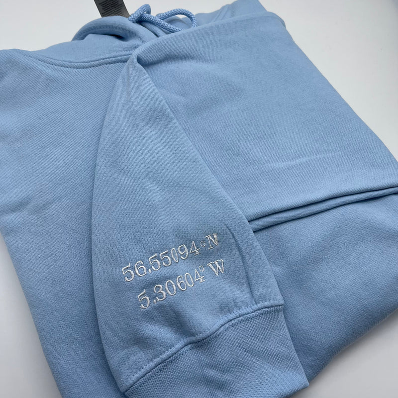 Blue Personalised sleeve hoodie. The best personalised anniversary gifts, personalised gifts for her and personalised birthday gifts