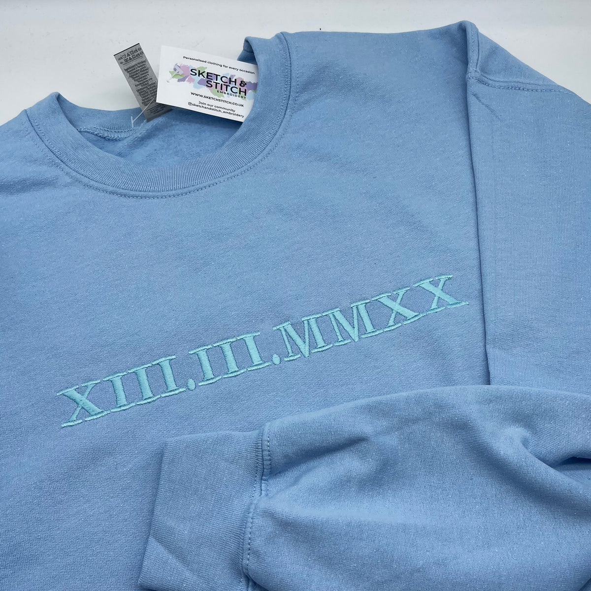 Blue thread Personalised Roman Numerals Sweatshirt. personalised gifts for couples, • wedding anniversary gifts, personalised gifts for boyfriend