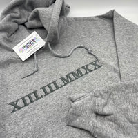 Grey Personalised Roman Numerals Hoodie. customisable hoodies, personalised hoodie, Personalised Anniversary Gifts