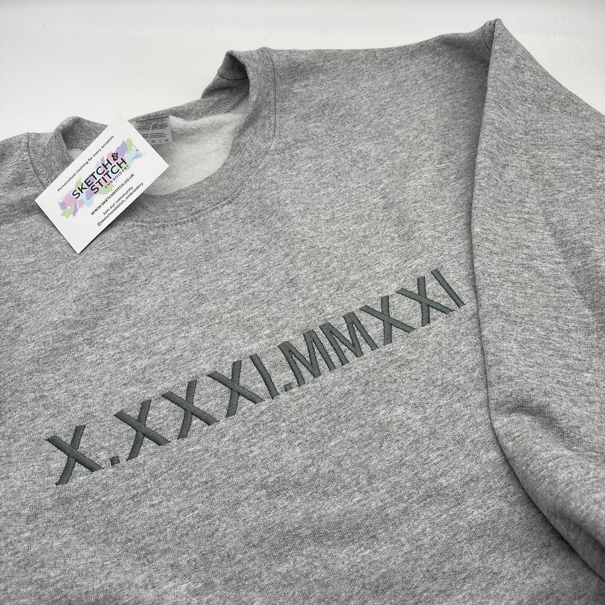 Grey Personalised Roman Numerals Sweatshirt. personalised gifts for couples, • wedding anniversary gifts, personalised gifts for boyfriend