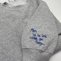 Grey Personalised Embroidered Handwriting Sweatshirt. Anniversary gifts for her, anniversary gifts for him and personalised embroidered sweatshirts.
