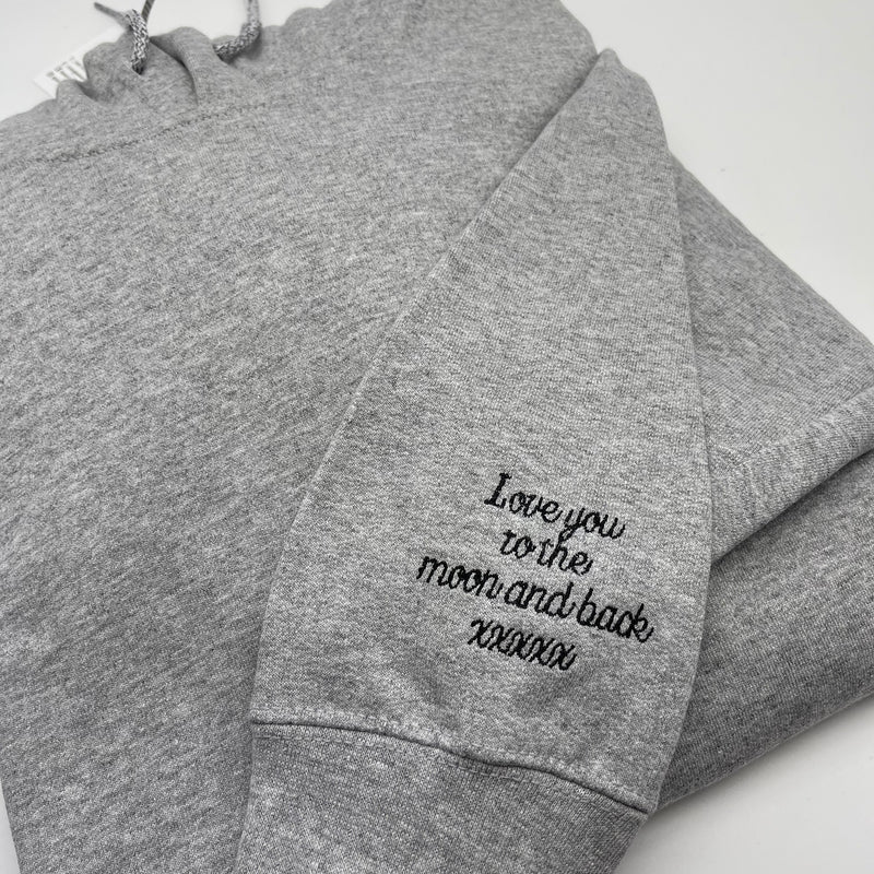 Grey Personalised sleeve hoodie. The best personalised anniversary gifts, personalised gifts for her and personalised birthday gifts