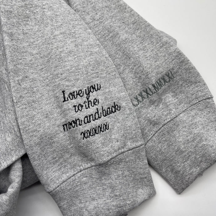 Grey Personalised Embroidered Sleeve Sweatshirt. The ultimate customised gifts for birthday, personalised gifts for boyfriend and anniversary gifts.