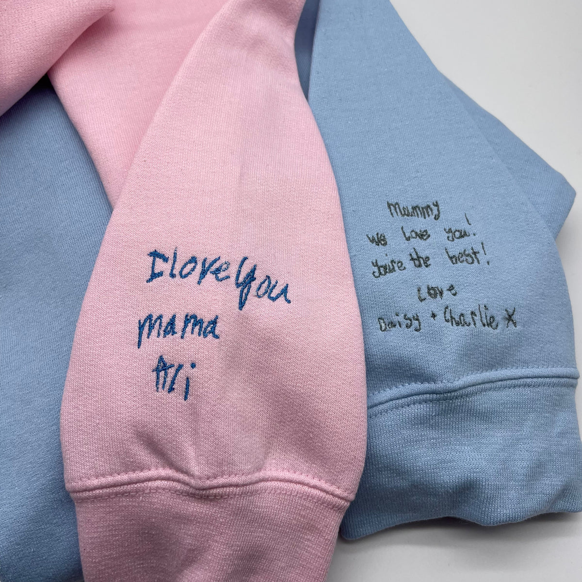 Blue and pink Personalised Handwriting Hoodie. Upload your very own hand written message. Personalised gift for him. Personalised Hoodie, customisable hoodies.