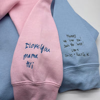 Blue and pink Personalised Handwriting Hoodie. Upload your very own hand written message. Personalised gift for him. Personalised Hoodie, customisable hoodies.