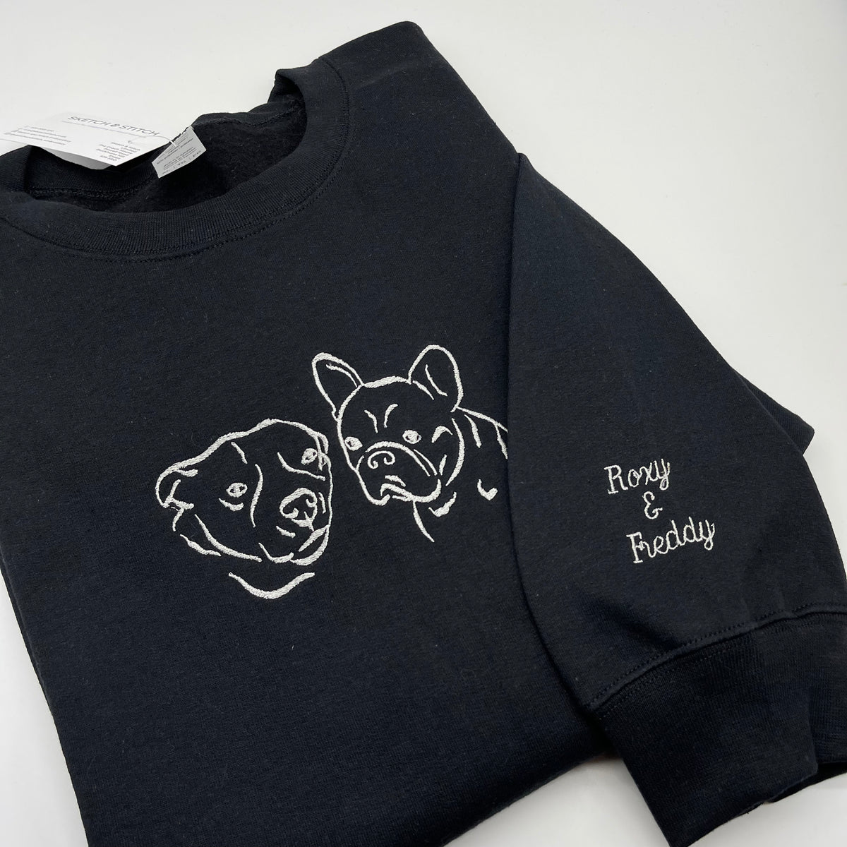 Black Personalised pet portrait sweatshirt. Birthday gifts, personalised dog gifts for owners, personalised dog hoodies.