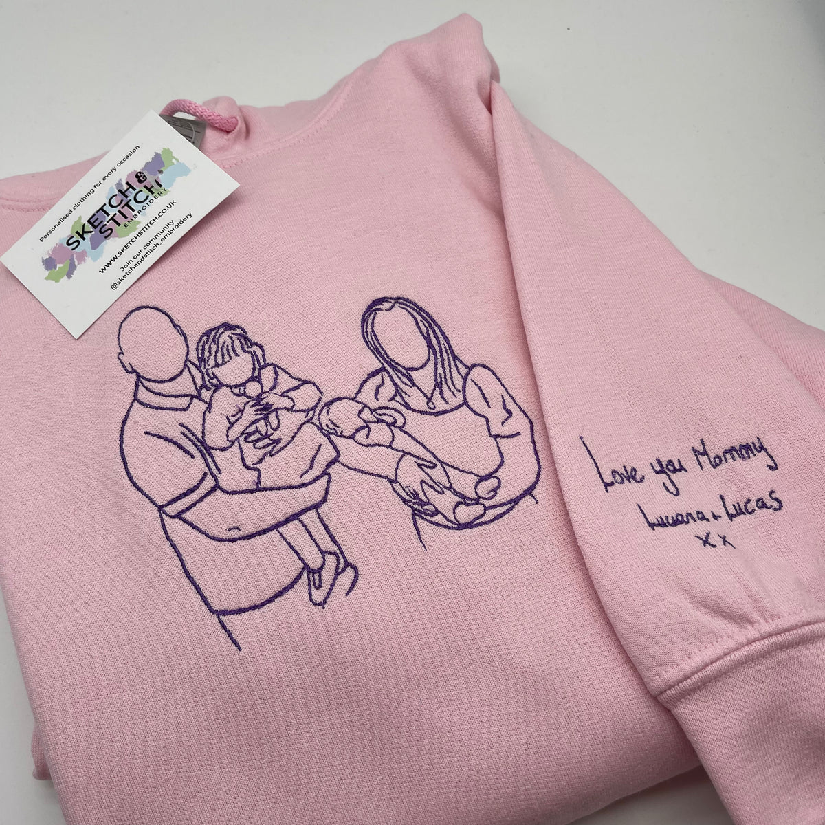 Pink Hooide outline stitch. Upload your very own photo. Personalised gift for him. Personalised Hoodie, customisable hoodies.