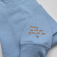 Blue Personalised Embroidered Handwriting Sweatshirt. Anniversary gifts for her, anniversary gifts for him and personalised embroidered sweatshirts.