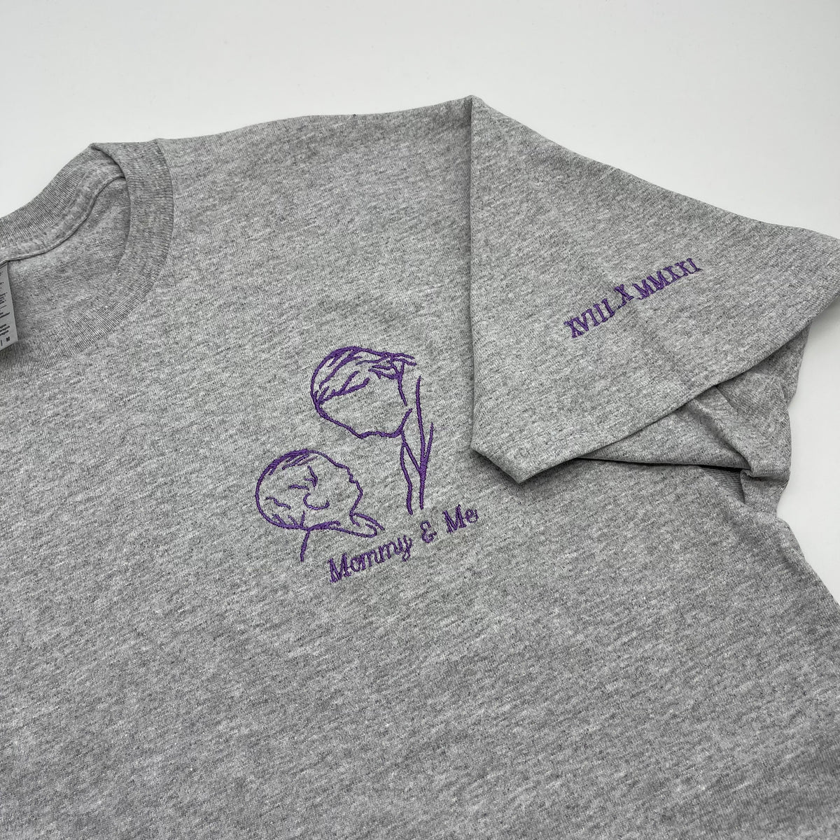 Grey Personalised portrait T-shirt.  A popular item for personalised mothers day gifts, personalised gifts for couples and customised gifts for birthday.