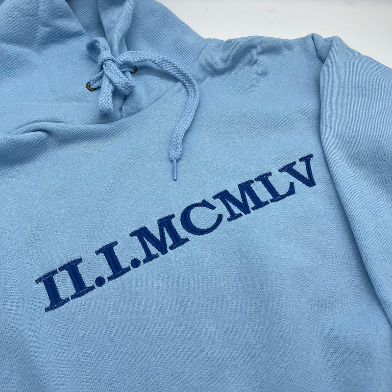 Blue Personalised Roman Numerals Hoodie. customisable hoodies, personalised hoodie, Personalised Anniversary Gifts