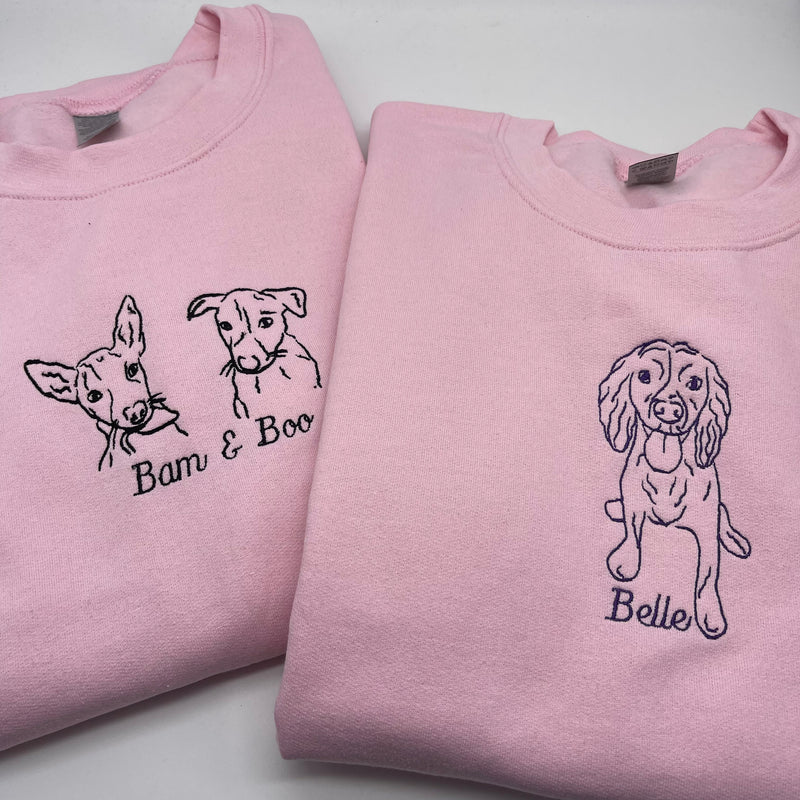 Pink Personalised pet portrait sweatshirt. Birthday gifts, personalised dog gifts for owners, personalised dog hoodies.