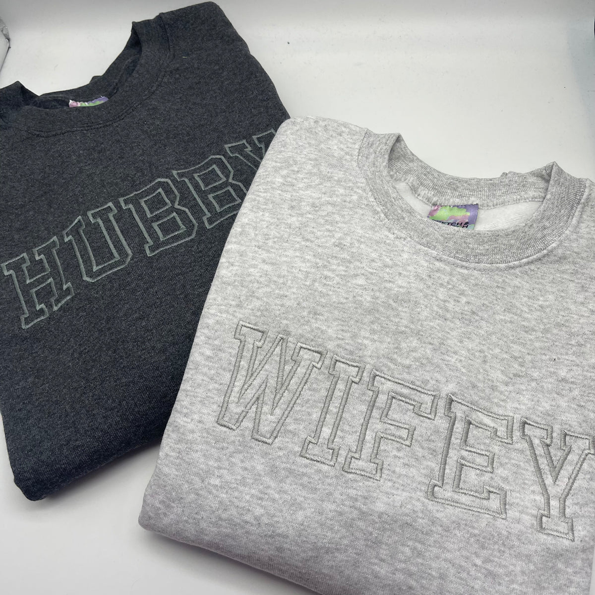 Matching Wifey and Hubby Personalised Sweatshirts. Personalised Text Sweatshirt. Personalized birthday gifts, personalised embroidered sweatshirts, personalised gifts.