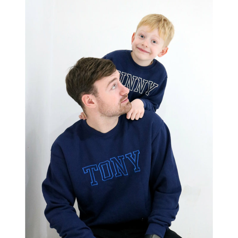 Matching son and dad. Personalised Text Sweatshirt. Personalized birthday gifts, personalised embroidered sweatshirts, personalised gifts.