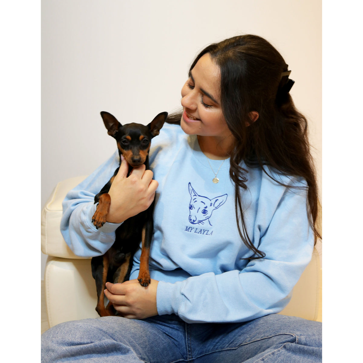 Model Personalised pet portrait sweatshirt. Birthday gifts, personalised dog gifts for owners, personalised dog hoodies.